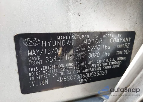 2003 Hyundai Santa Fe Gls/Lx from USA, damaged, VIN KM8SC73D63U535320